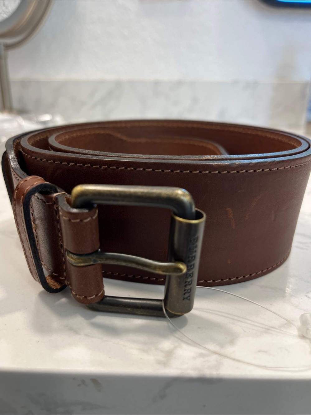 Vintage Burberry Equestrian Wide Brown Leather Belt with Antiqued Buckle